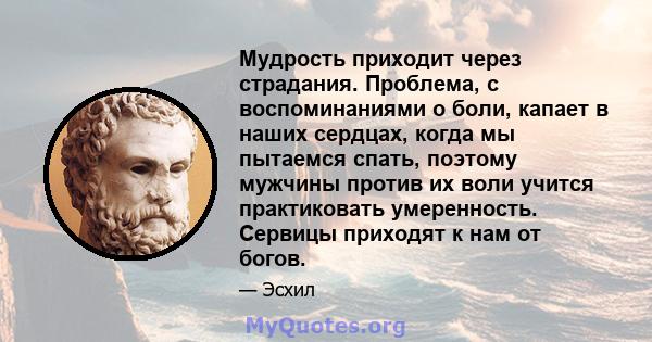 Мудрость приходит через страдания. Проблема, с воспоминаниями о боли, капает в наших сердцах, когда мы пытаемся спать, поэтому мужчины против их воли учится практиковать умеренность. Сервицы приходят к нам от богов.