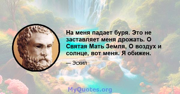 На меня падает буря. Это не заставляет меня дрожать. О Святая Мать Земля, О воздух и солнце, вот меня. Я обижен.