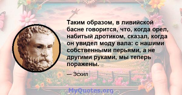 Таким образом, в ливийской басне говорится, что, когда орел, набитый дротиком, сказал, когда он увидел моду вала: с нашими собственными перьями, а не другими руками, мы теперь поражены.