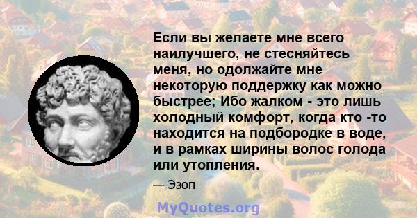 Если вы желаете мне всего наилучшего, не стесняйтесь меня, но одолжайте мне некоторую поддержку как можно быстрее; Ибо жалком - это лишь холодный комфорт, когда кто -то находится на подбородке в воде, и в рамках ширины