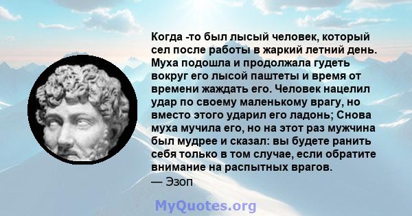 Когда -то был лысый человек, который сел после работы в жаркий летний день. Муха подошла и продолжала гудеть вокруг его лысой паштеты и время от времени жаждать его. Человек нацелил удар по своему маленькому врагу, но