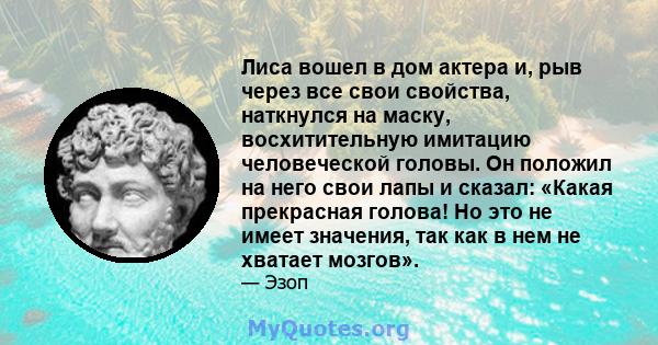 Лиса вошел в дом актера и, рыв через все свои свойства, наткнулся на маску, восхитительную имитацию человеческой головы. Он положил на него свои лапы и сказал: «Какая прекрасная голова! Но это не имеет значения, так как 