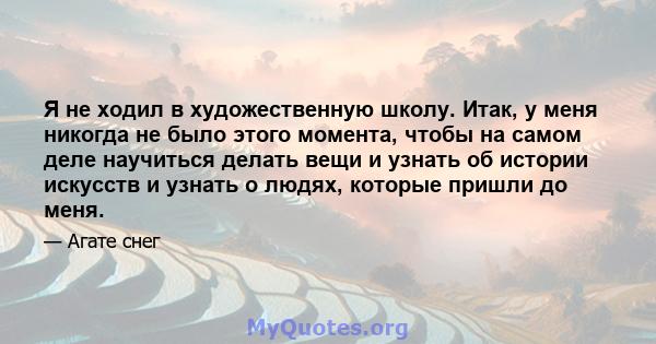 Я не ходил в художественную школу. Итак, у меня никогда не было этого момента, чтобы на самом деле научиться делать вещи и узнать об истории искусств и узнать о людях, которые пришли до меня.