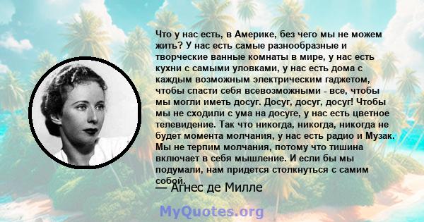 Что у нас есть, в Америке, без чего мы не можем жить? У нас есть самые разнообразные и творческие ванные комнаты в мире, у нас есть кухни с самыми уловками, у нас есть дома с каждым возможным электрическим гаджетом,