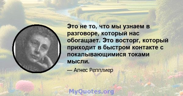 Это не то, что мы узнаем в разговоре, который нас обогащает. Это восторг, который приходит в быстром контакте с покалывающимися токами мысли.