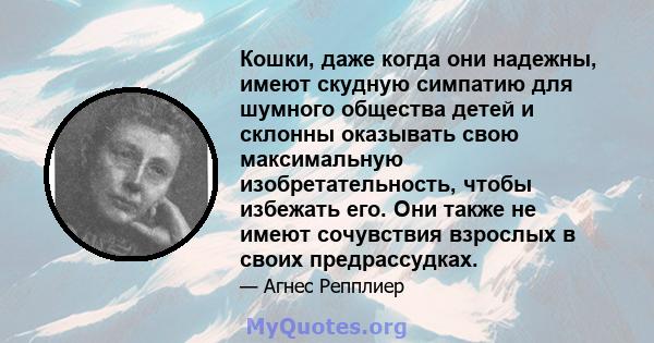 Кошки, даже когда они надежны, имеют скудную симпатию для шумного общества детей и склонны оказывать свою максимальную изобретательность, чтобы избежать его. Они также не имеют сочувствия взрослых в своих предрассудках.