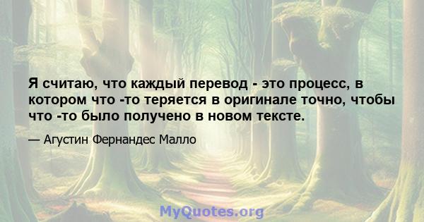 Я считаю, что каждый перевод - это процесс, в котором что -то теряется в оригинале точно, чтобы что -то было получено в новом тексте.