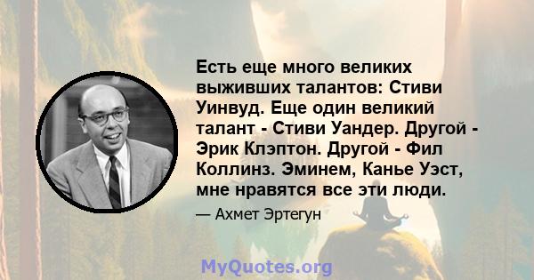 Есть еще много великих выживших талантов: Стиви Уинвуд. Еще один великий талант - Стиви Уандер. Другой - Эрик Клэптон. Другой - Фил Коллинз. Эминем, Канье Уэст, мне нравятся все эти люди.