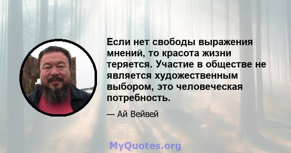 Если нет свободы выражения мнений, то красота жизни теряется. Участие в обществе не является художественным выбором, это человеческая потребность.