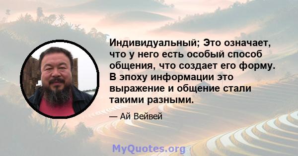 Индивидуальный; Это означает, что у него есть особый способ общения, что создает его форму. В эпоху информации это выражение и общение стали такими разными.