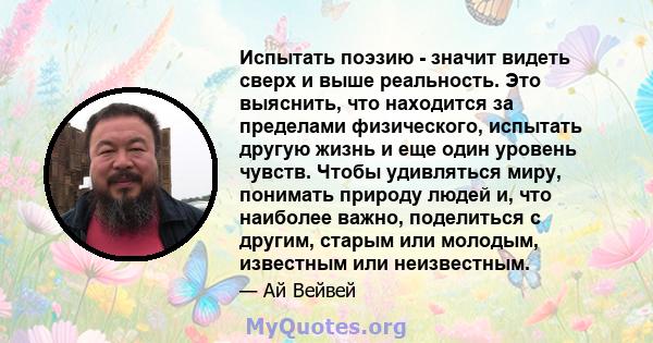 Испытать поэзию - значит видеть сверх и выше реальность. Это выяснить, что находится за пределами физического, испытать другую жизнь и еще один уровень чувств. Чтобы удивляться миру, понимать природу людей и, что