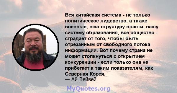 Вся китайская система - не только политическое лидерство, а также военные, всю структуру власти, нашу систему образования, все общество - страдает от того, чтобы быть отрезанным от свободного потока информации. Вот