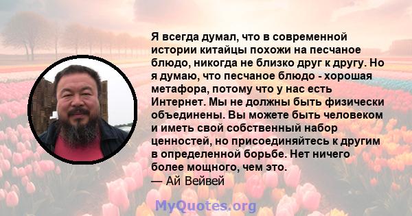 Я всегда думал, что в современной истории китайцы похожи на песчаное блюдо, никогда не близко друг к другу. Но я думаю, что песчаное блюдо - хорошая метафора, потому что у нас есть Интернет. Мы не должны быть физически