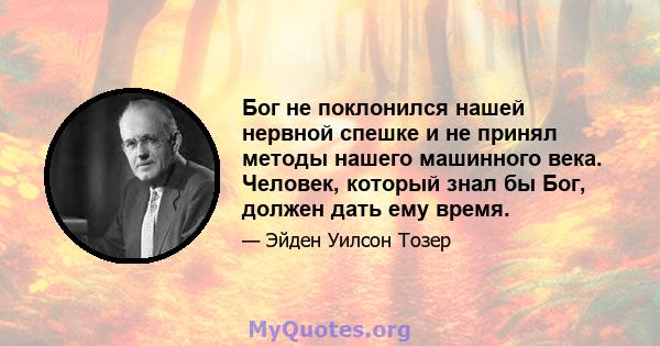 Бог не поклонился нашей нервной спешке и не принял методы нашего машинного века. Человек, который знал бы Бог, должен дать ему время.