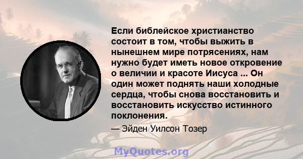 Если библейское христианство состоит в том, чтобы выжить в нынешнем мире потрясениях, нам нужно будет иметь новое откровение о величии и красоте Иисуса ... Он один может поднять наши холодные сердца, чтобы снова