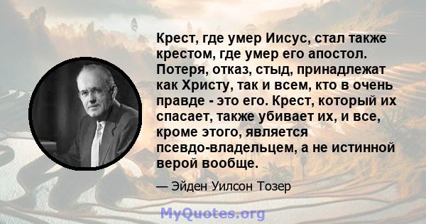 Крест, где умер Иисус, стал также крестом, где умер его апостол. Потеря, отказ, стыд, принадлежат как Христу, так и всем, кто в очень правде - это его. Крест, который их спасает, также убивает их, и все, кроме этого,