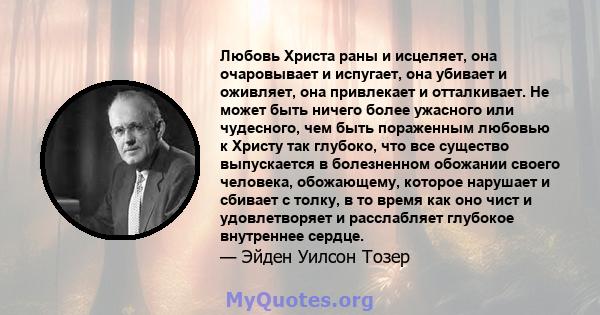 Любовь Христа раны и исцеляет, она очаровывает и испугает, она убивает и оживляет, она привлекает и отталкивает. Не может быть ничего более ужасного или чудесного, чем быть пораженным любовью к Христу так глубоко, что