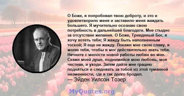 О Боже, я попробовал твою доброту, и это и удовлетворило меня и заставило меня жаждать большего. Я мучительно осознаю свою потребность в дальнейшей благодати. Мне стыдно за отсутствие желания. О Боже, Триединый Бог, я