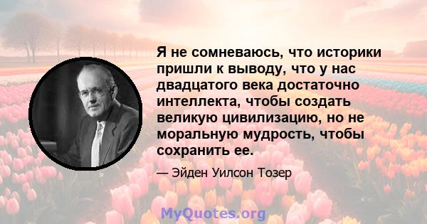 Я не сомневаюсь, что историки пришли к выводу, что у нас двадцатого века достаточно интеллекта, чтобы создать великую цивилизацию, но не моральную мудрость, чтобы сохранить ее.