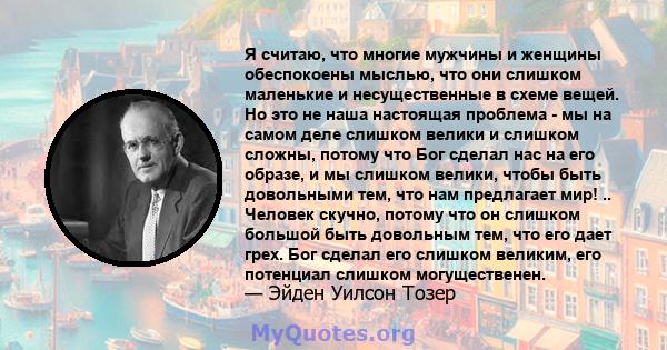 Я считаю, что многие мужчины и женщины обеспокоены мыслью, что они слишком маленькие и несущественные в схеме вещей. Но это не наша настоящая проблема - мы на самом деле слишком велики и слишком сложны, потому что Бог