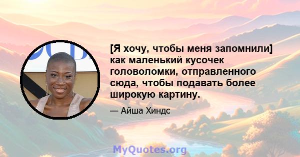 [Я хочу, чтобы меня запомнили] как маленький кусочек головоломки, отправленного сюда, чтобы подавать более широкую картину.