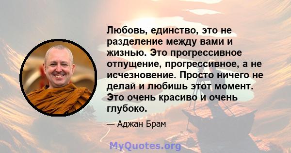 Любовь, единство, это не разделение между вами и жизнью. Это прогрессивное отпущение, прогрессивное, а не исчезновение. Просто ничего не делай и любишь этот момент. Это очень красиво и очень глубоко.