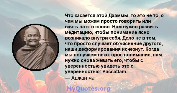 Что касается этой Дхаммы, то это не то, о чем мы можем просто говорить или взять на это слово. Нам нужно развить медитацию, чтобы понимание ясно возникало внутри себя. Дело не в том, что просто слушает объяснение