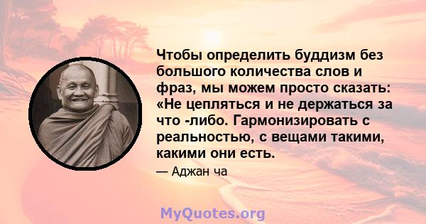 Чтобы определить буддизм без большого количества слов и фраз, мы можем просто сказать: «Не цепляться и не держаться за что -либо. Гармонизировать с реальностью, с вещами такими, какими они есть.