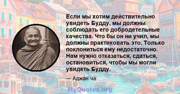 Если мы хотим действительно увидеть Будду, мы должны соблюдать его добродетельные качества. Что бы он ни учил, мы должны практиковать это. Только поклониться ему недостаточно. Нам нужно отказаться, сдаться,