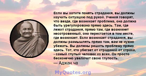 Если вы хотите понять страдания, вы должны изучить ситуацию под рукой. Учения говорят, что везде, где возникает проблема, она должна быть урегулирована прямо здесь. Там, где лежит страдания, прямо там, где возникнет