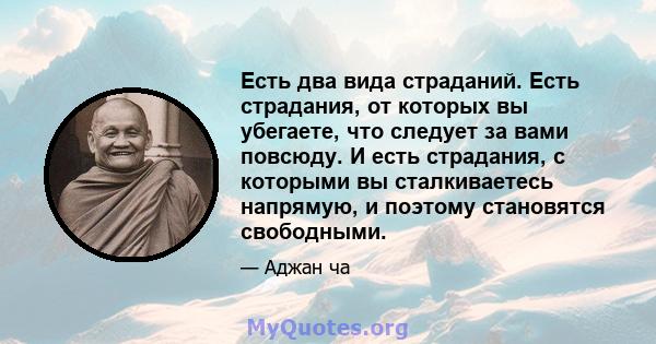 Есть два вида страданий. Есть страдания, от которых вы убегаете, что следует за вами повсюду. И есть страдания, с которыми вы сталкиваетесь напрямую, и поэтому становятся свободными.