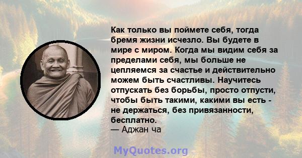 Как только вы поймете себя, тогда бремя жизни исчезло. Вы будете в мире с миром. Когда мы видим себя за пределами себя, мы больше не цепляемся за счастье и действительно можем быть счастливы. Научитесь отпускать без