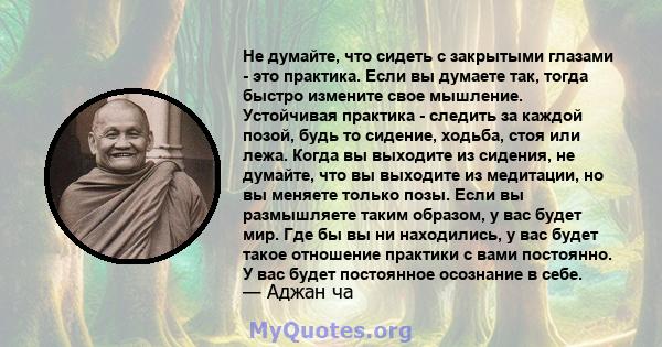 Не думайте, что сидеть с закрытыми глазами - это практика. Если вы думаете так, тогда быстро измените свое мышление. Устойчивая практика - следить за каждой позой, будь то сидение, ходьба, стоя или лежа. Когда вы