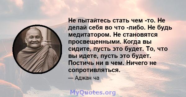 Не пытайтесь стать чем -то. Не делай себя во что -либо. Не будь медитатором. Не становятся просвещенными. Когда вы сидите, пусть это будет. То, что вы идете, пусть это будет. Постичь ни в чем. Ничего не сопротивляться.