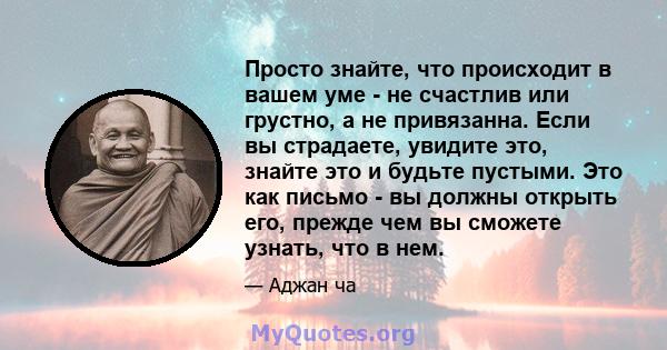 Просто знайте, что происходит в вашем уме - не счастлив или грустно, а не привязанна. Если вы страдаете, увидите это, знайте это и будьте пустыми. Это как письмо - вы должны открыть его, прежде чем вы сможете узнать,