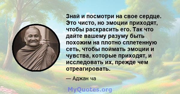 Знай и посмотри на свое сердце. Это чисто, но эмоции приходят, чтобы раскрасить его. Так что дайте вашему разуму быть похожим на плотно сплетенную сеть, чтобы поймать эмоции и чувства, которые приходят, и исследовать