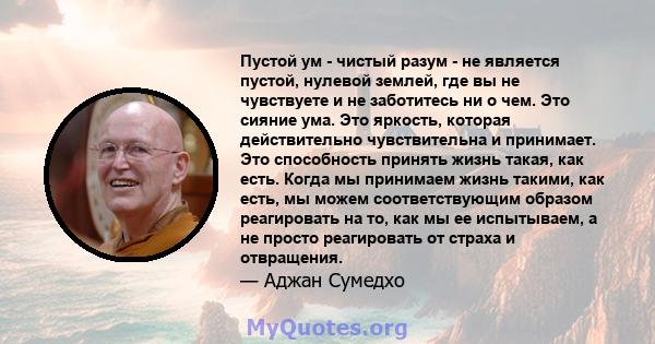 Пустой ум - чистый разум - не является пустой, нулевой землей, где вы не чувствуете и не заботитесь ни о чем. Это сияние ума. Это яркость, которая действительно чувствительна и принимает. Это способность принять жизнь