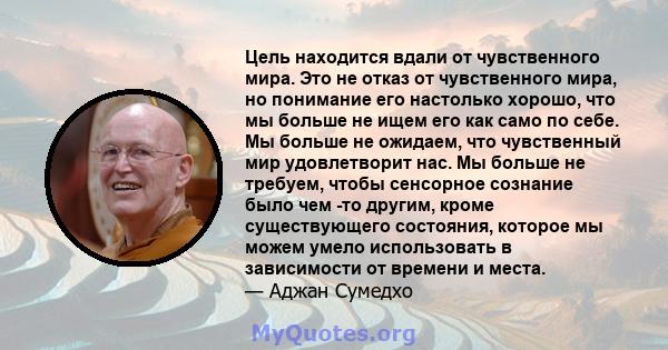 Цель находится вдали от чувственного мира. Это не отказ от чувственного мира, но понимание его настолько хорошо, что мы больше не ищем его как само по себе. Мы больше не ожидаем, что чувственный мир удовлетворит нас. Мы 