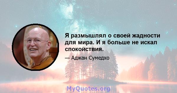 Я размышлял о своей жадности для мира. И я больше не искал спокойствия.