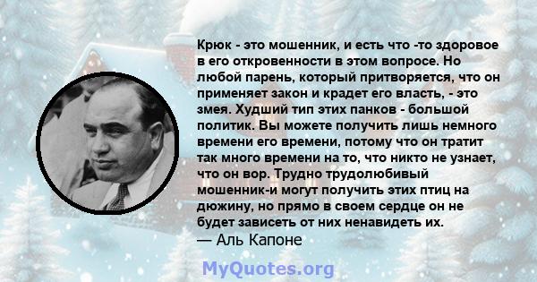 Крюк - это мошенник, и есть что -то здоровое в его откровенности в этом вопросе. Но любой парень, который притворяется, что он применяет закон и крадет его власть, - это змея. Худший тип этих панков - большой политик.