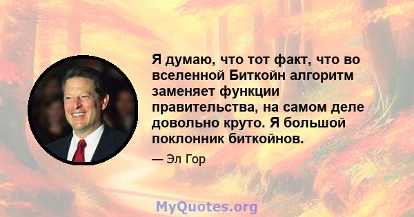 Я думаю, что тот факт, что во вселенной Биткойн алгоритм заменяет функции правительства, на самом деле довольно круто. Я большой поклонник биткойнов.