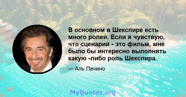 В основном в Шекспире есть много ролей. Если я чувствую, что сценарий - это фильм, мне было бы интересно выполнять какую -либо роль Шекспира.