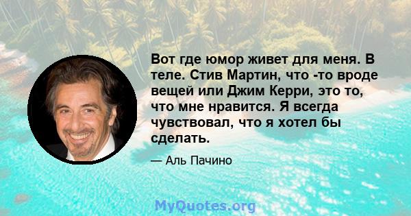 Вот где юмор живет для меня. В теле. Стив Мартин, что -то вроде вещей или Джим Керри, это то, что мне нравится. Я всегда чувствовал, что я хотел бы сделать.