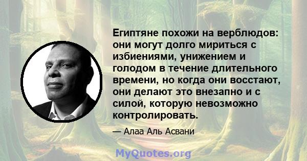 Египтяне похожи на верблюдов: они могут долго мириться с избиениями, унижением и голодом в течение длительного времени, но когда они восстают, они делают это внезапно и с силой, которую невозможно контролировать.