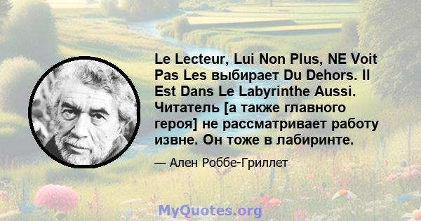 Le Lecteur, Lui Non Plus, NE Voit Pas Les выбирает Du Dehors. Il Est Dans Le Labyrinthe Aussi. Читатель [а также главного героя] не рассматривает работу извне. Он тоже в лабиринте.