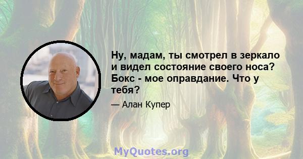 Ну, мадам, ты смотрел в зеркало и видел состояние своего носа? Бокс - мое оправдание. Что у тебя?