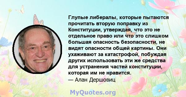 Глупые либералы, которые пытаются прочитать вторую поправку из Конституции, утверждая, что это не отдельное право или что это слишком большая опасность безопасности, не видят опасности общей картины. Они ухаживают за