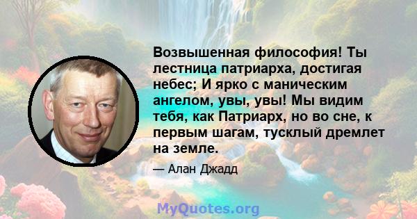 Возвышенная философия! Ты лестница патриарха, достигая небес; И ярко с маническим ангелом, увы, увы! Мы видим тебя, как Патриарх, но во сне, к первым шагам, тусклый дремлет на земле.