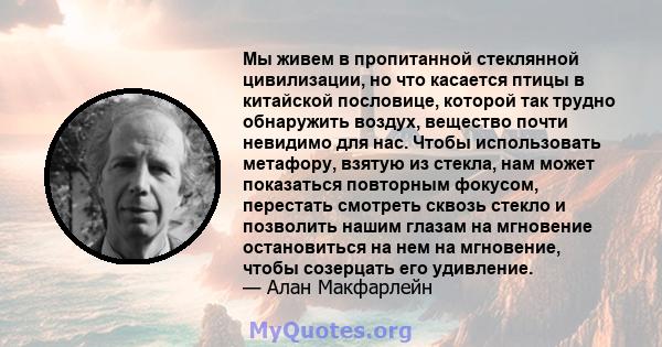 Мы живем в пропитанной стеклянной цивилизации, но что касается птицы в китайской пословице, которой так трудно обнаружить воздух, вещество почти невидимо для нас. Чтобы использовать метафору, взятую из стекла, нам может 