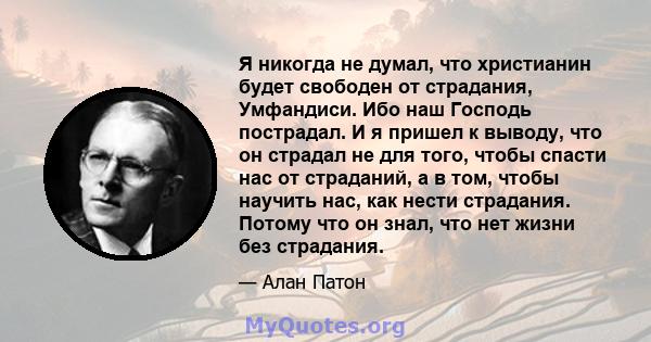 Я никогда не думал, что христианин будет свободен от страдания, Умфандиси. Ибо наш Господь пострадал. И я пришел к выводу, что он страдал не для того, чтобы спасти нас от страданий, а в том, чтобы научить нас, как нести 